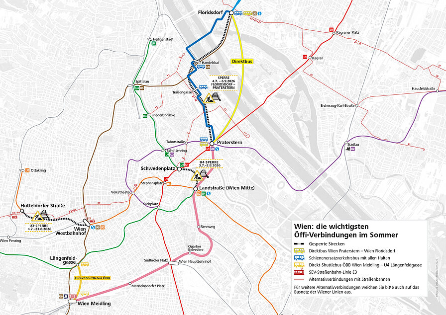 Stammstrecken-Sommersperre 2026 - Öffi-Alternativangebot in Wien vom 4. Juli bis 6. September 2026